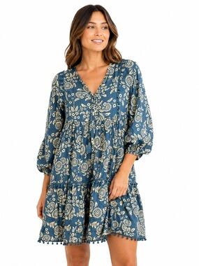 Jaase Day Dream Palace Dress Sea Print Boho Peasant Mini Medium Blue Floral